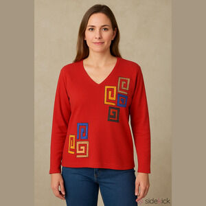 Red Geometric Maze  Design Cotton Knit Sweater S